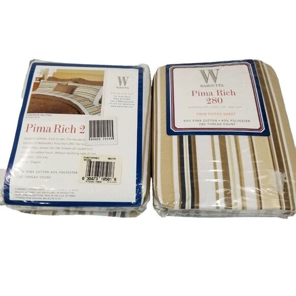 Vintage Wamsutta Pima Rich Striped Twin Fitted Sheets Lot 2 Brown Beige NEW - Picture 1 of 3